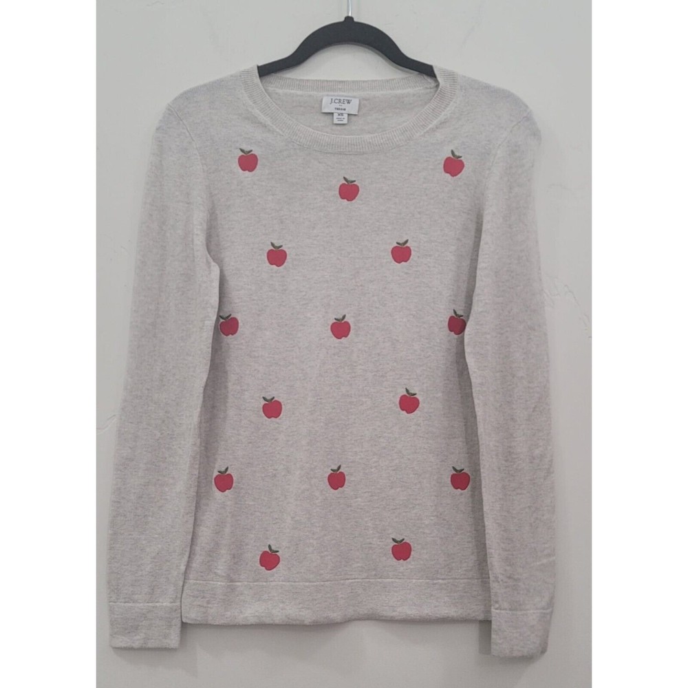 J.Crew Teddie Embroidered Apples Grey Soft Sweater Pullover 100%Cotton NWOT XS - Picture 2 of 8